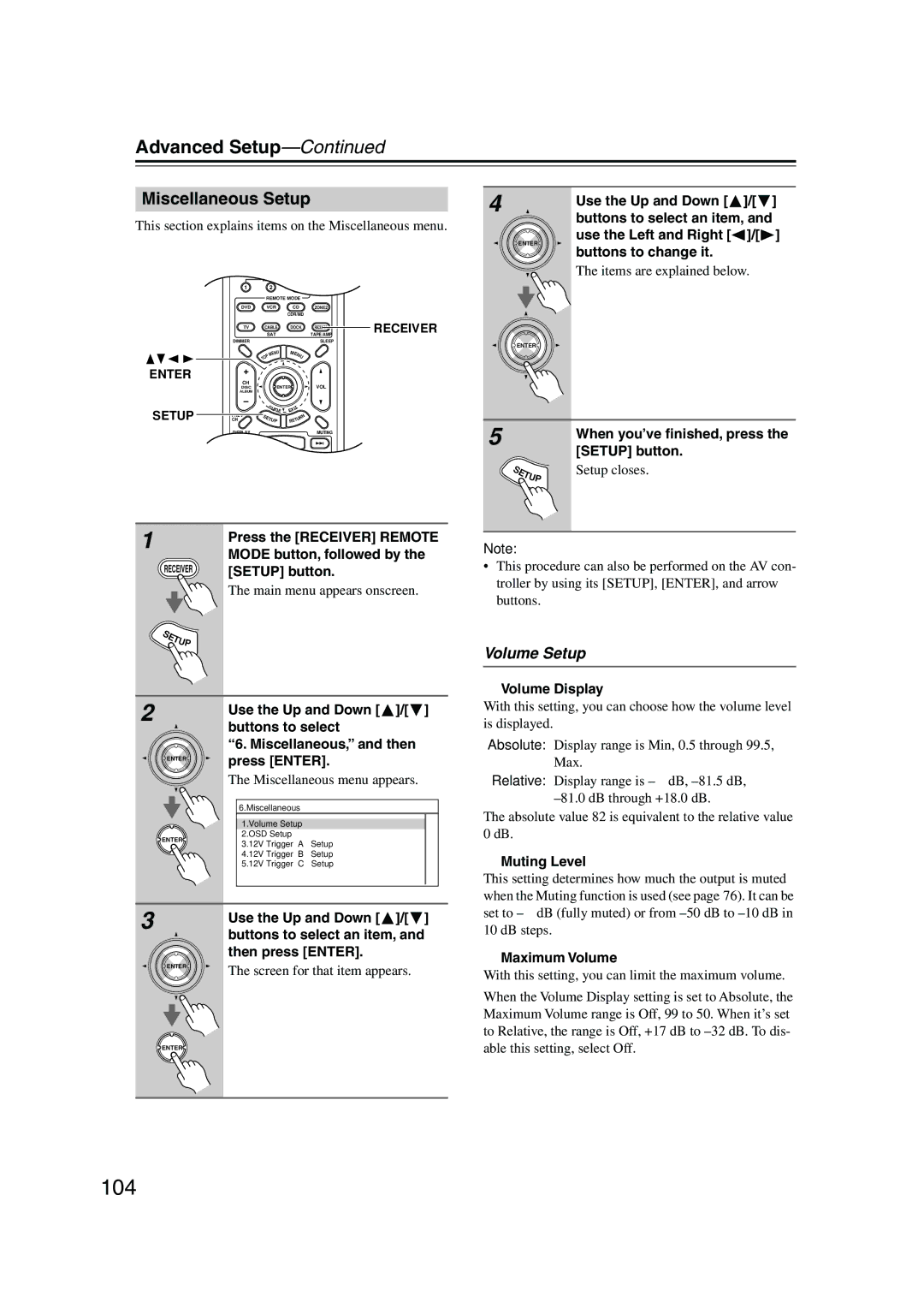 Onkyo PR-SC885 instruction manual 104, Miscellaneous Setup, Volume Setup, Volume Display, Maximum Volume 