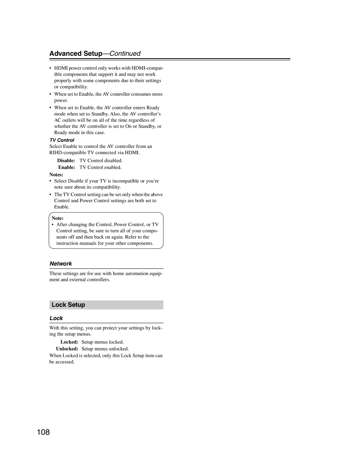 Onkyo PR-SC885 instruction manual 108, Lock Setup, Network 