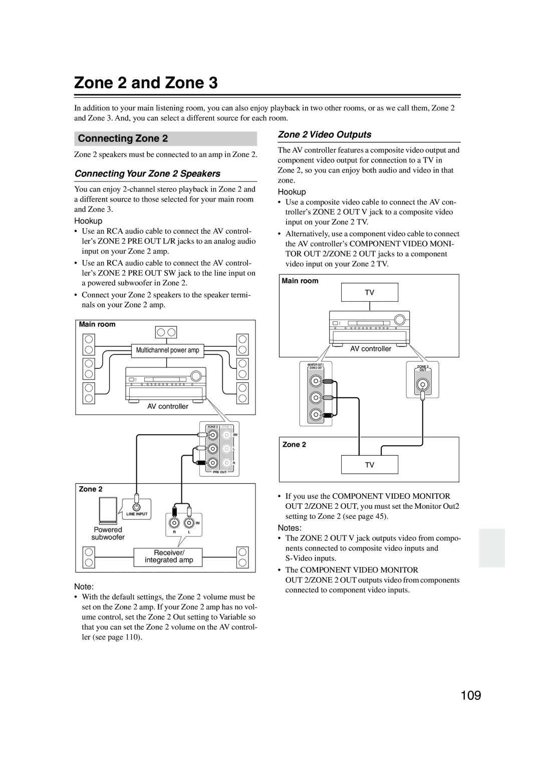 Onkyo PR-SC885 Zone 2 and Zone, 109, Connecting Zone, Connecting Your Zone 2 Speakers, Zone 2 Video Outputs 