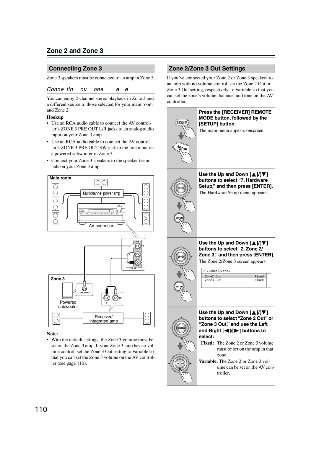 Onkyo PR-SC885 110, Zone 2 and Zone, Connecting Zone Zone 2/Zone 3 Out Settings, Connecting Your Zone 3 Speakers 