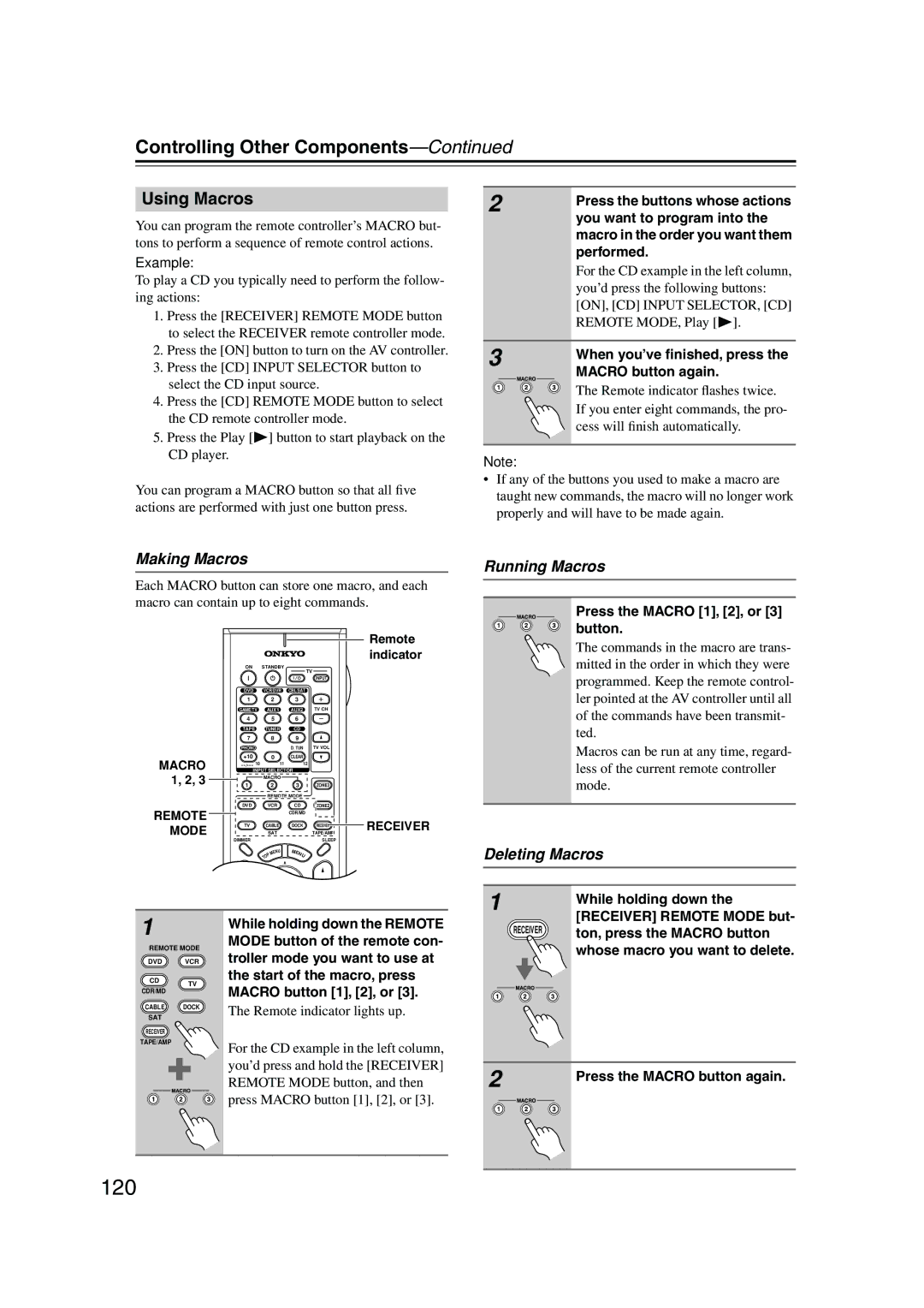 Onkyo PR-SC885 instruction manual 120, Using Macros, Making Macros, Running Macros, Deleting Macros 