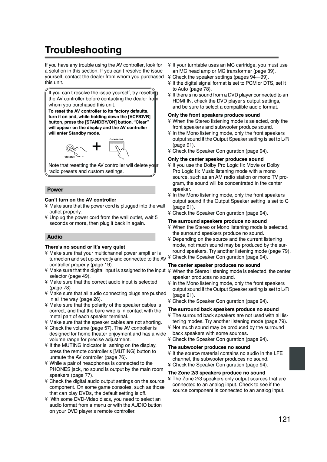 Onkyo PR-SC885 instruction manual Troubleshooting, 121 