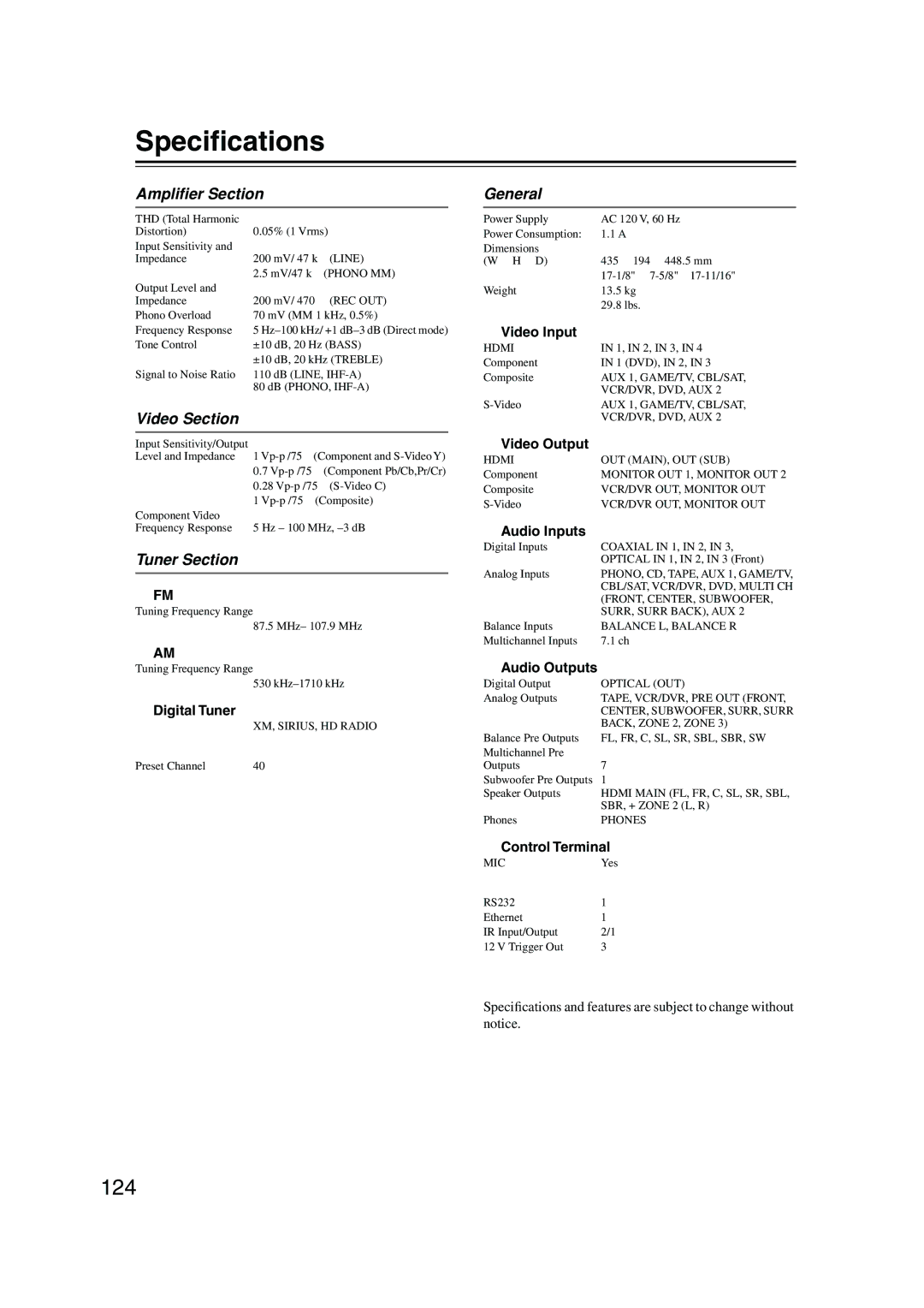 Onkyo PR-SC885 instruction manual Speciﬁcations, 124 