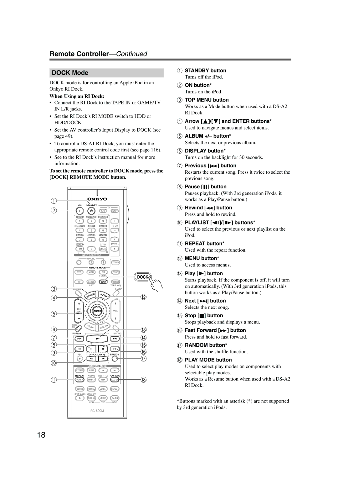 Onkyo PR-SC885 instruction manual Dock Mode, Arrow / and Enter buttons, Album +/- button, Previous button, Pause button 