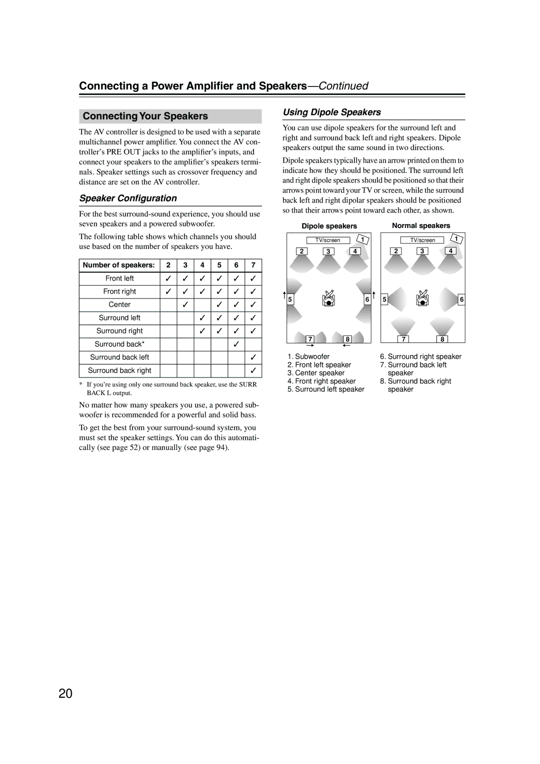 Onkyo PR-SC885 instruction manual Connecting a Power Ampliﬁer and Speakers, Connecting Your Speakers, Speaker Conﬁguration 