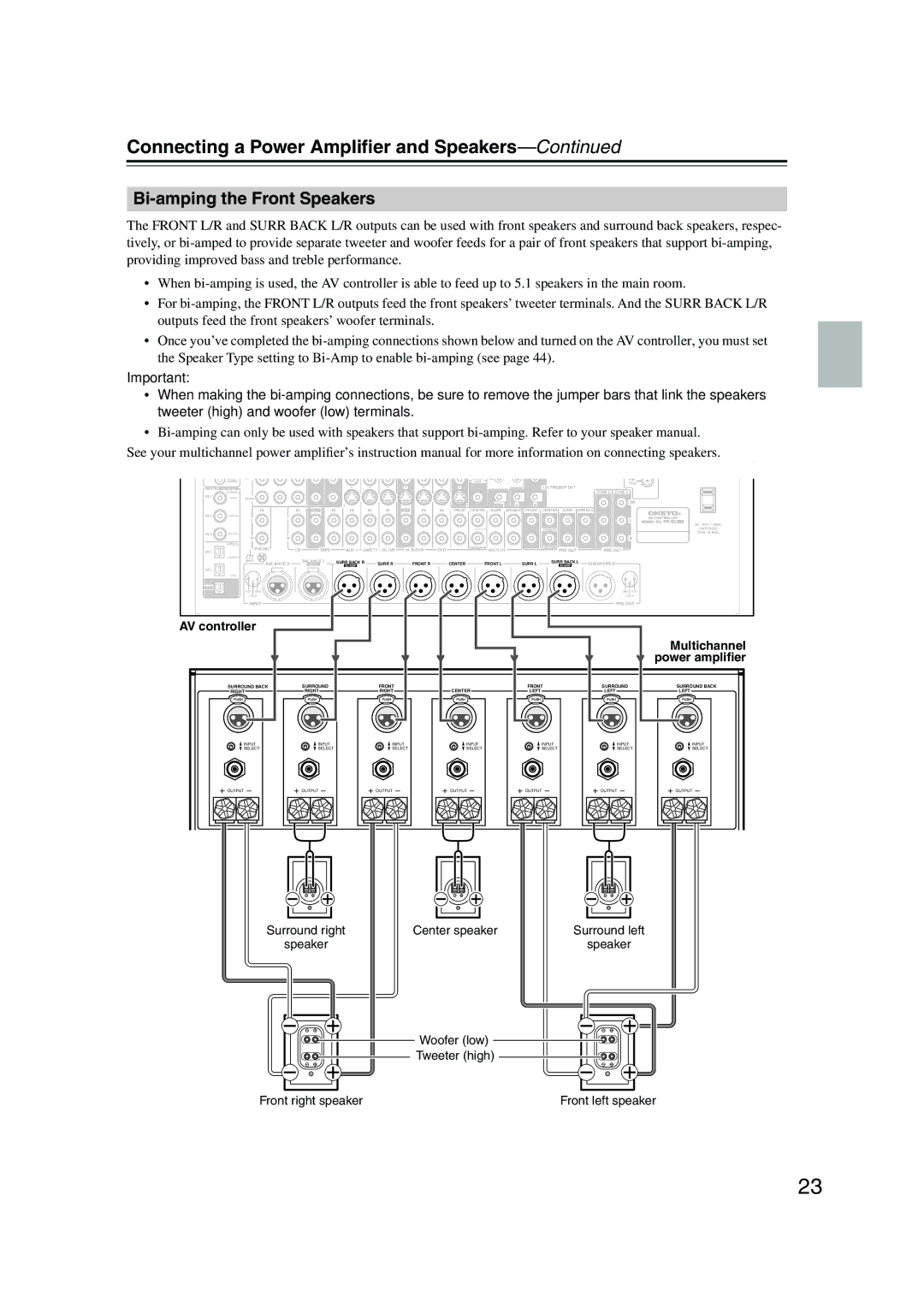 Onkyo PR-SC885 instruction manual Bi-amping the Front Speakers, Speaker Impedance 