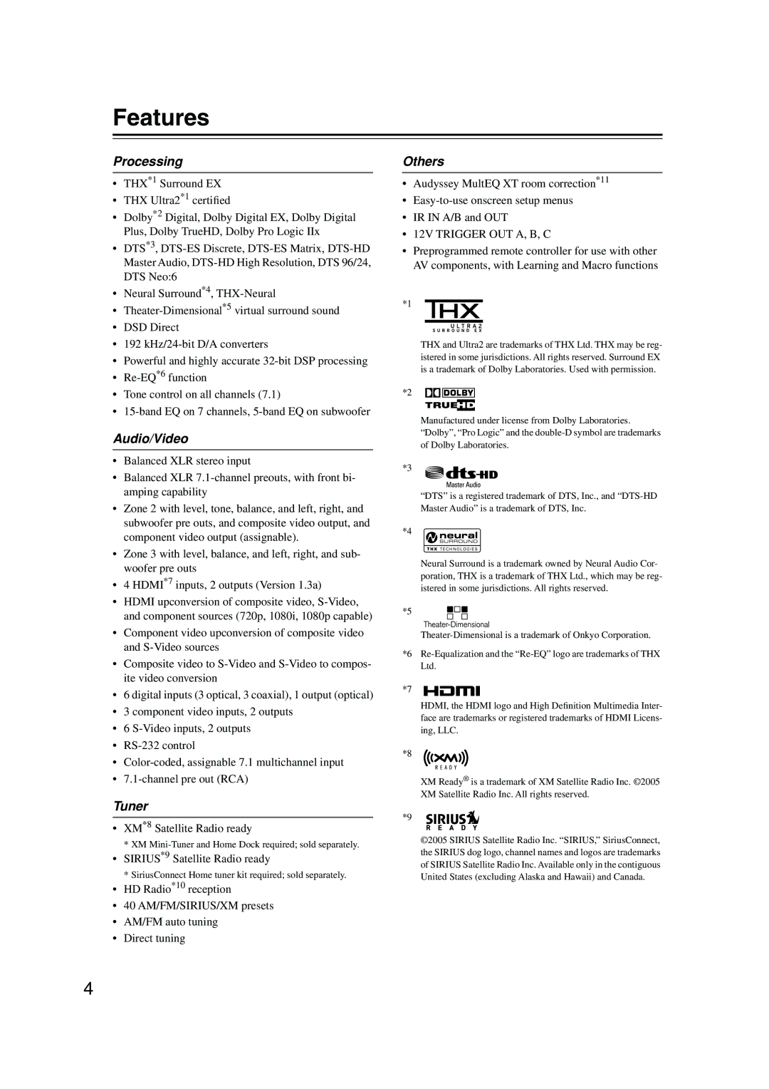 Onkyo PR-SC885 instruction manual Features, Processing, Audio/Video, Tuner, Others 