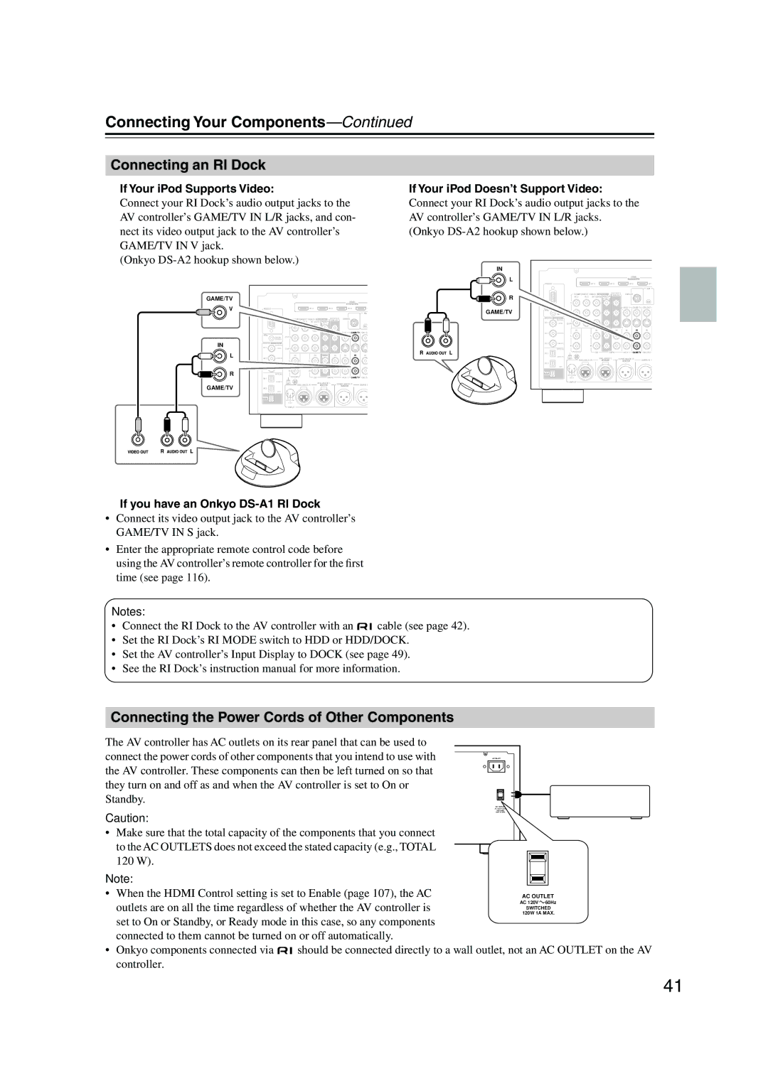 Onkyo PR-SC885 Connecting an RI Dock, Connecting the Power Cords of Other Components, If you have an Onkyo DS-A1 RI Dock 