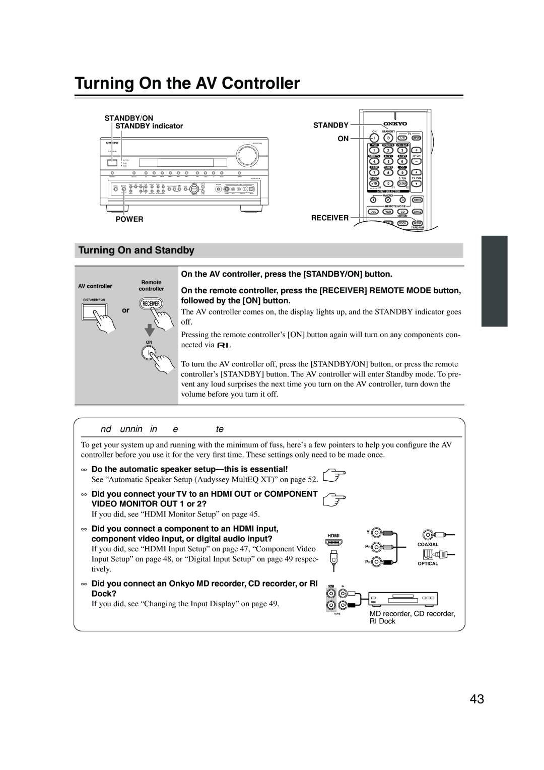 Onkyo PR-SC885 instruction manual Turning On the AV Controller, Turning On and Standby, Up and Running in a Few Easy Steps 