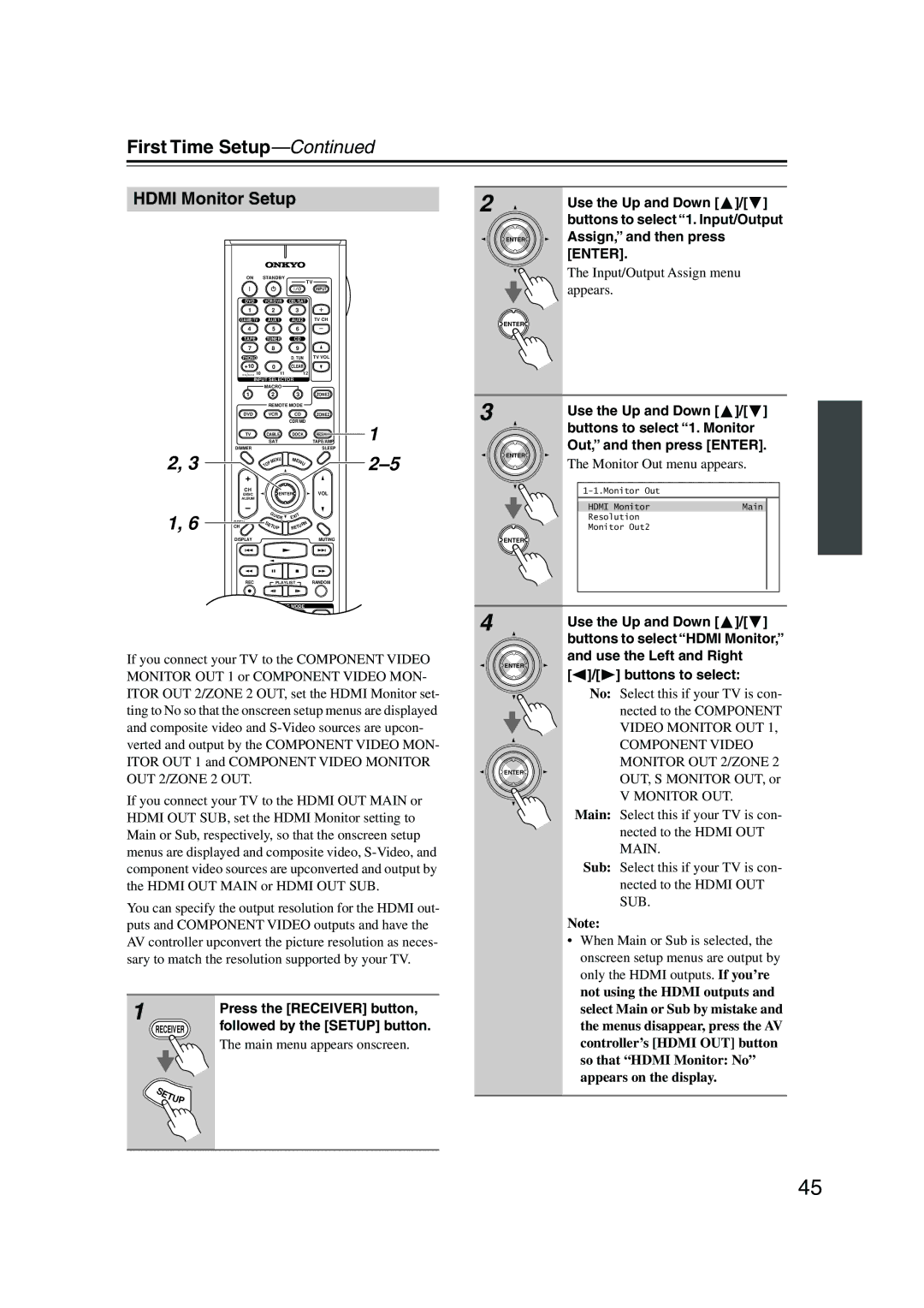 Onkyo PR-SC885 First Time Setup, Hdmi Monitor Setup, Assign, and then press, Input/Output Assign menu, Appears 