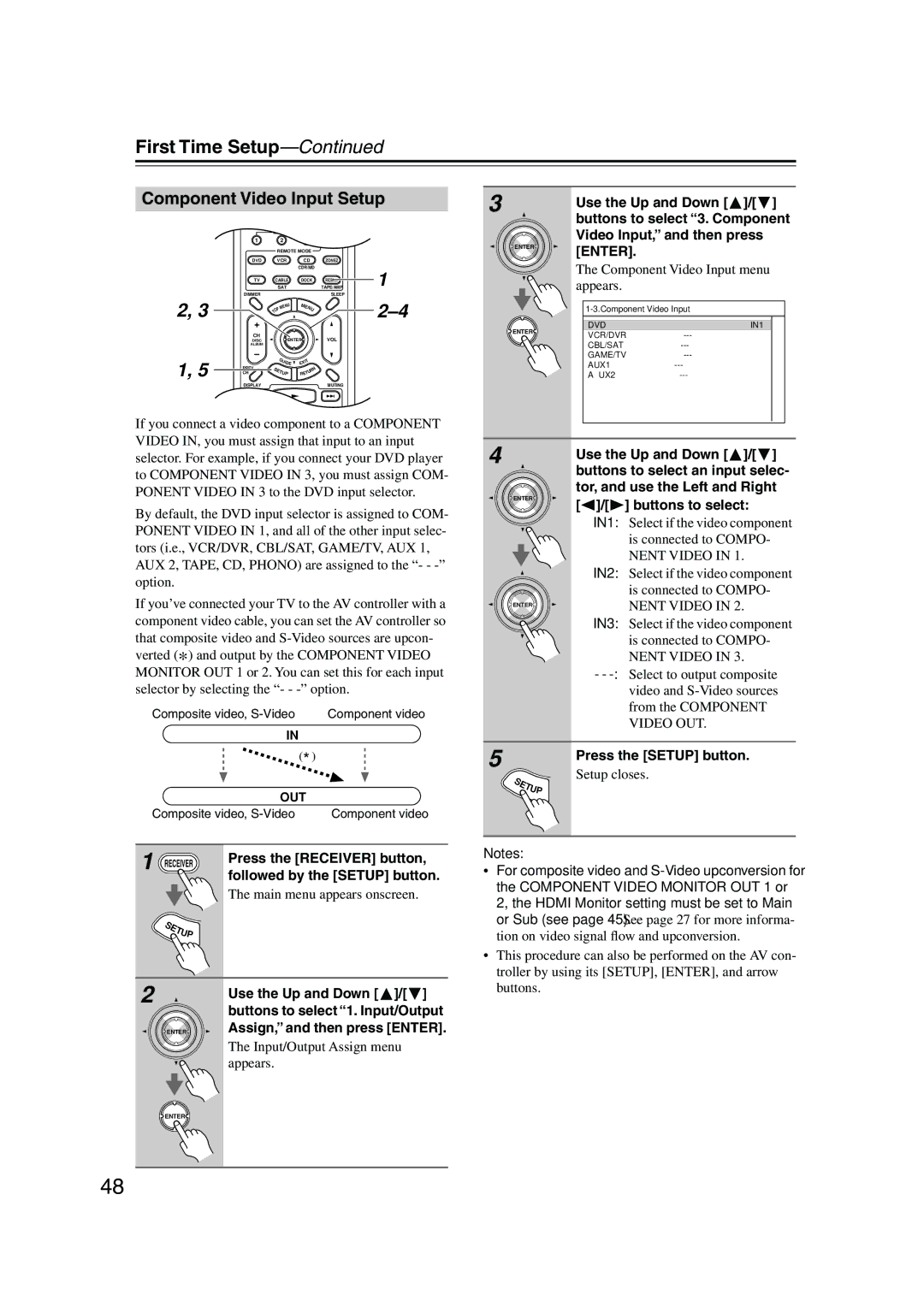 Onkyo PR-SC885 instruction manual Component Video Input Setup, Assign, and then press Enter 