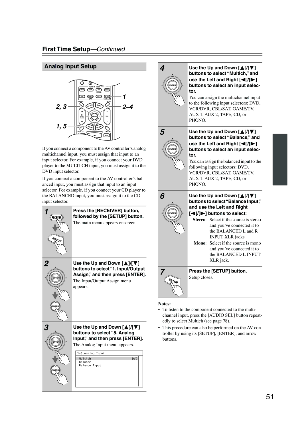 Onkyo PR-SC885 instruction manual Analog Input Setup, Analog Input menu appears, Buttons to select an input selec, Tor 