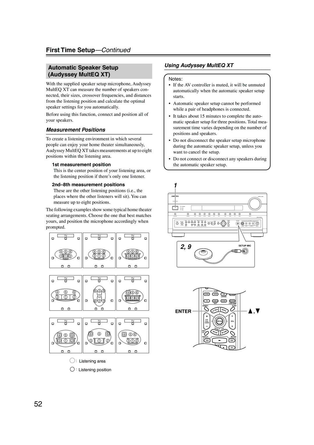 Onkyo PR-SC885 Automatic Speaker Setup Audyssey MultEQ XT, Measurement Positions, Using Audyssey MultEQ XT 