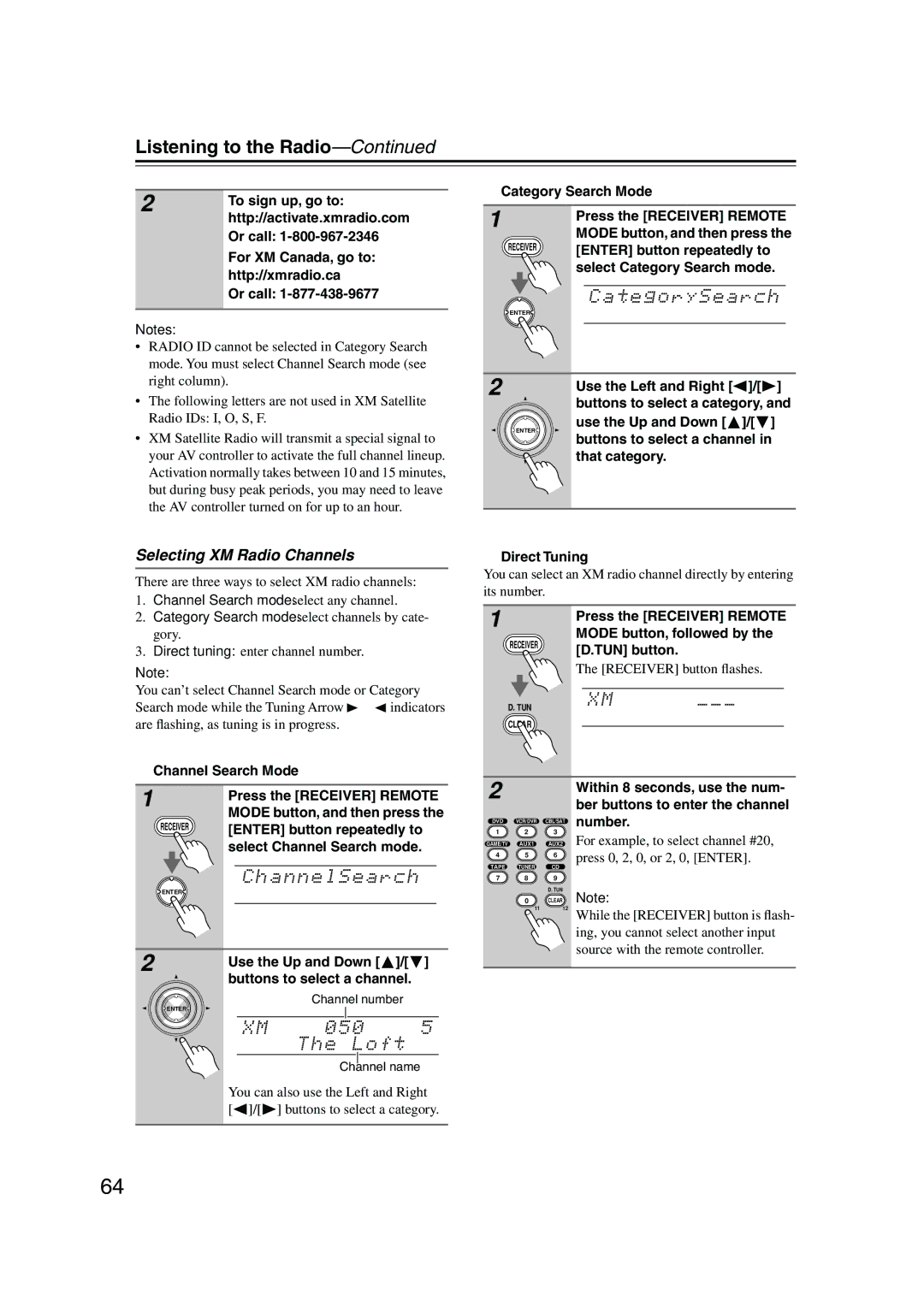 Onkyo PR-SC885 instruction manual Selecting XM Radio Channels 