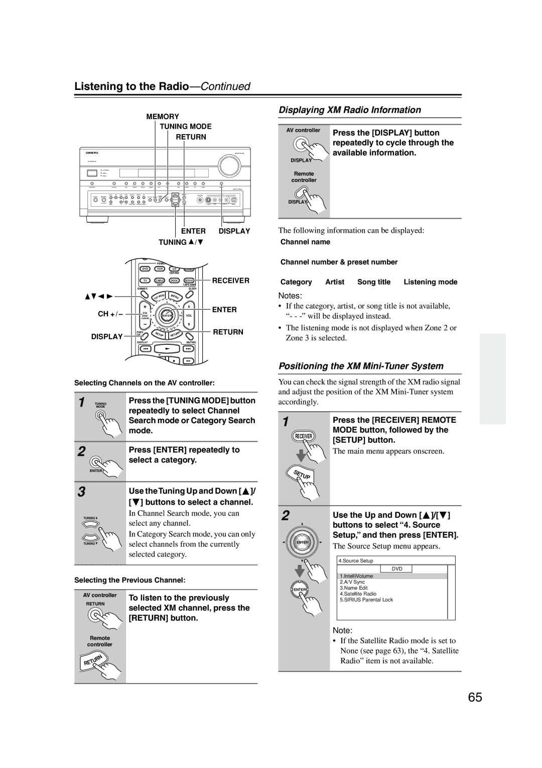 Onkyo PR-SC885 instruction manual Displaying XM Radio Information, Positioning the XM Mini-Tuner System 