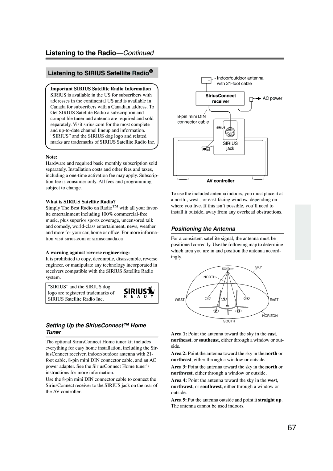 Onkyo PR-SC885 Listening to Sirius Satellite Radio, Setting Up the SiriusConnect Home Tuner, Positioning the Antenna 