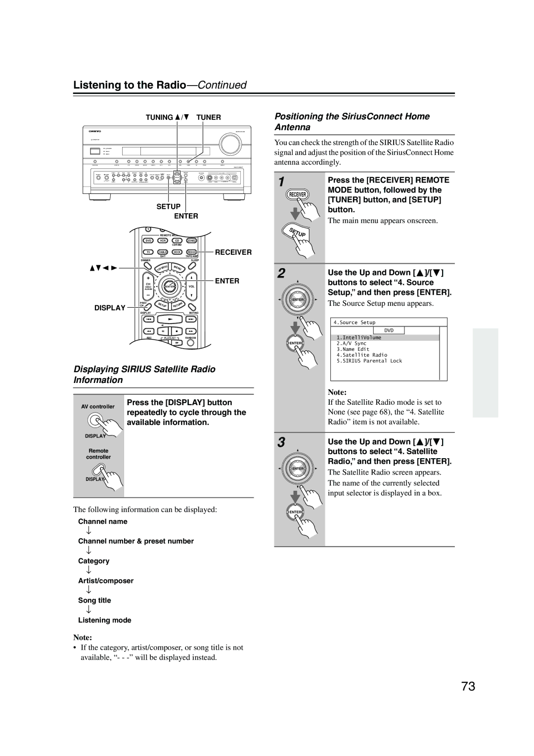 Onkyo PR-SC885 instruction manual Positioning the SiriusConnect Home Antenna, Displaying Sirius Satellite Radio Information 