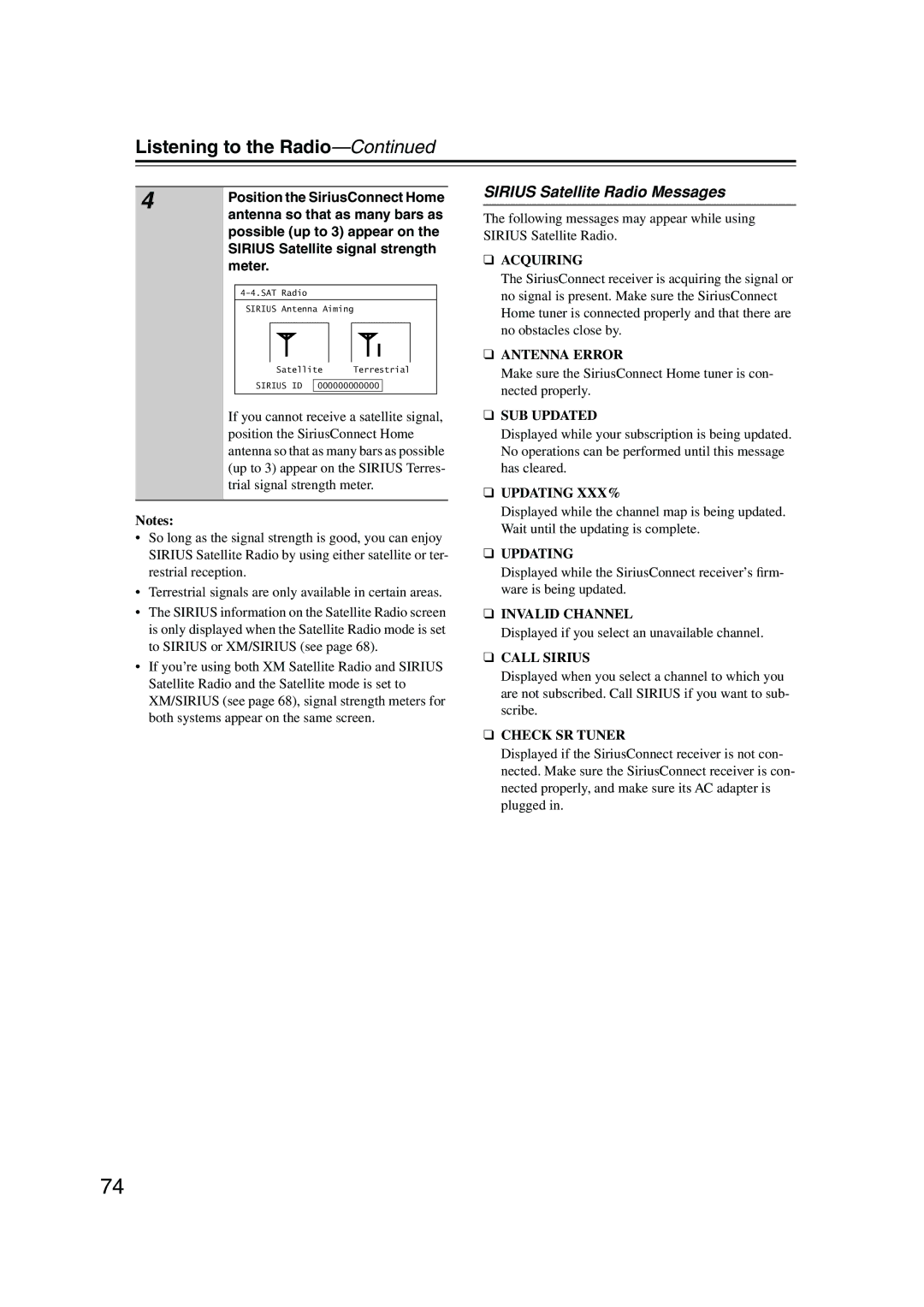 Onkyo PR-SC885 Sirius Satellite Radio Messages, Position the SiriusConnect Home, Antenna so that as many bars as 