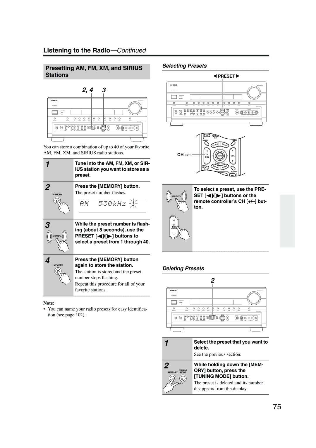 Onkyo PR-SC885 instruction manual Presetting AM, FM, XM, and Sirius Stations, Selecting Presets, Deleting Presets 