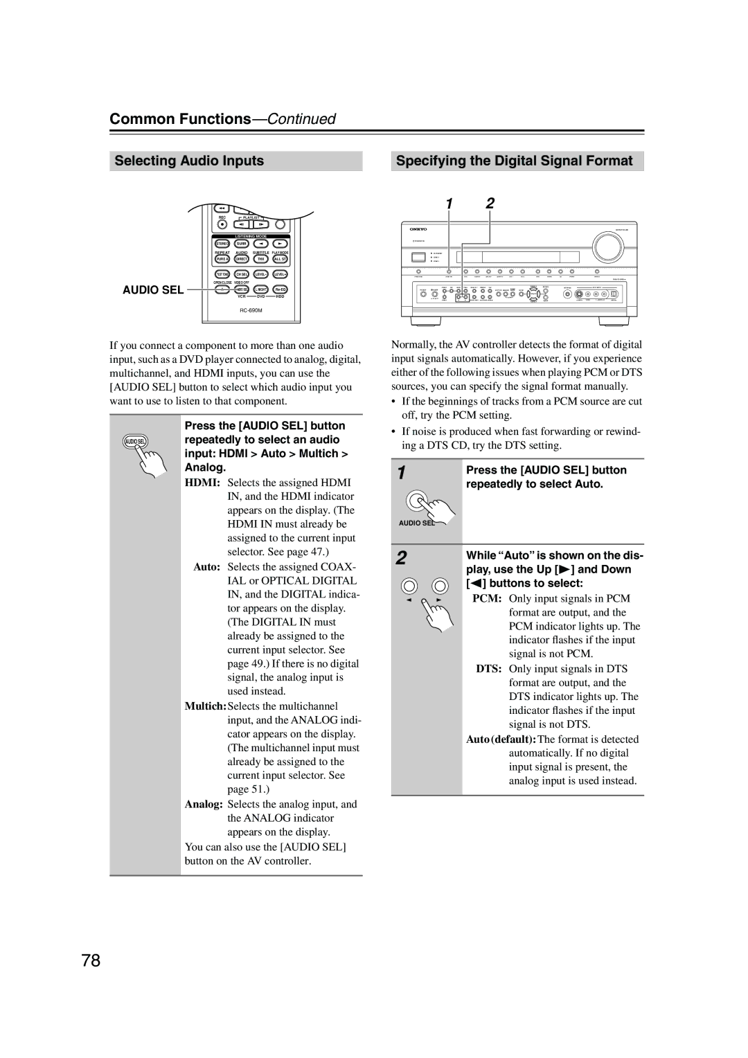 Onkyo PR-SC885 instruction manual Selecting Audio Inputs Specifying the Digital Signal Format 