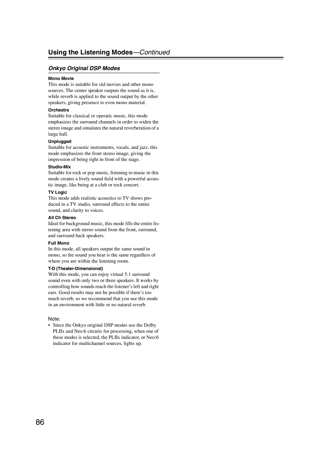 Onkyo PR-SC885 instruction manual Onkyo Original DSP Modes 