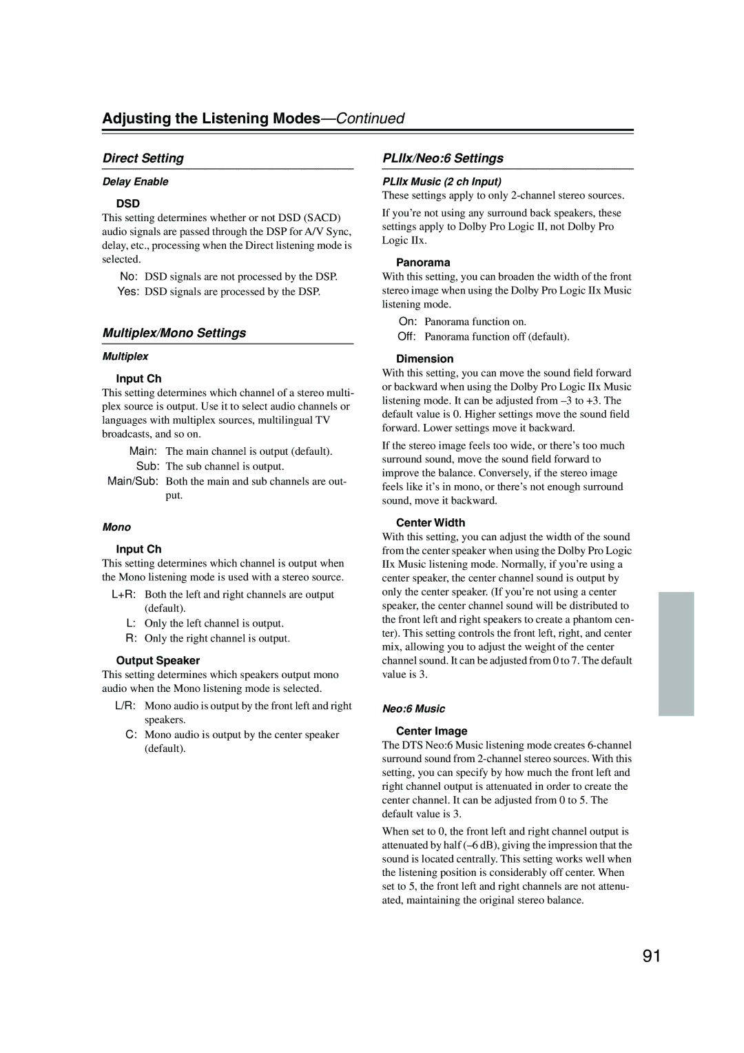 Onkyo PR-SC885 instruction manual Direct Setting, Multiplex/Mono Settings, PLIIx/Neo6 Settings 