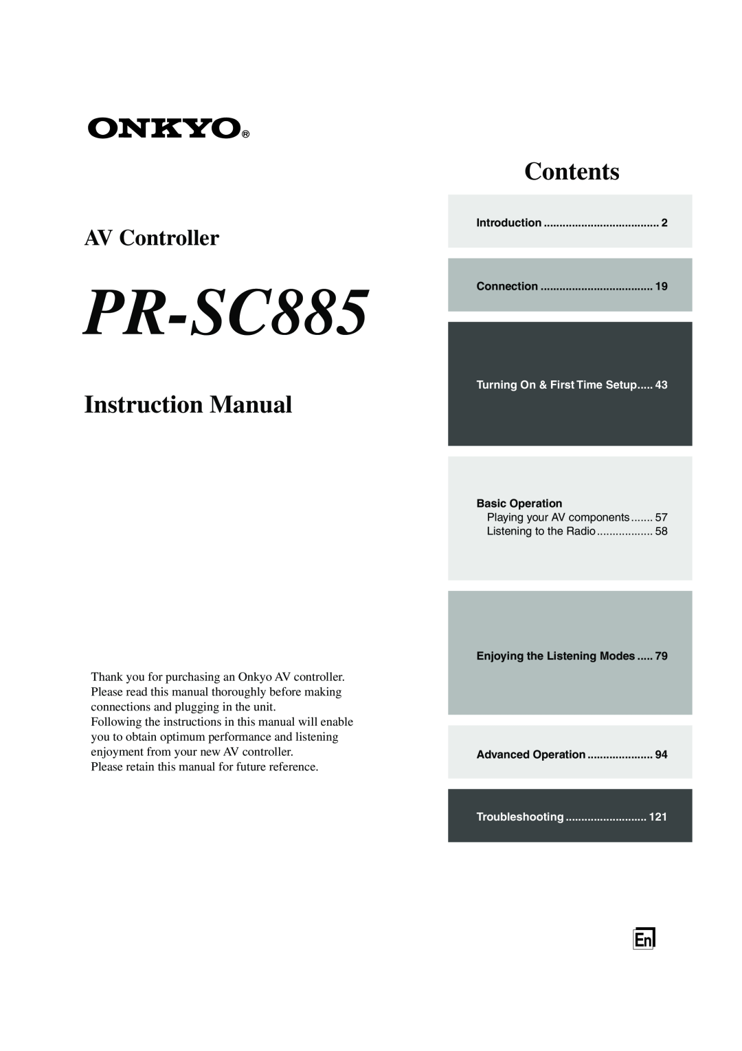 Onkyo PR-SC885 instruction manual Instruction Manual, Contents, AV Controller 