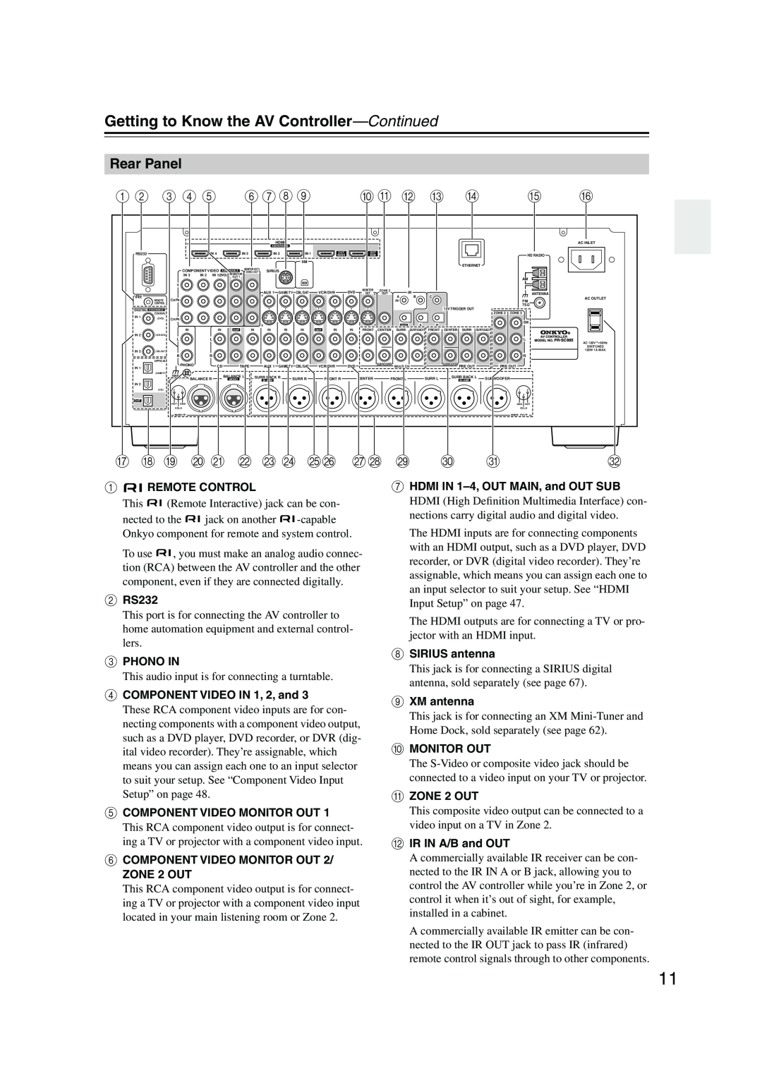 Onkyo PR-SC885 instruction manual Rear Panel, Getting to Know the AV Controller—Continued, 1 2 3 4 5 6 78, J K L M N 
