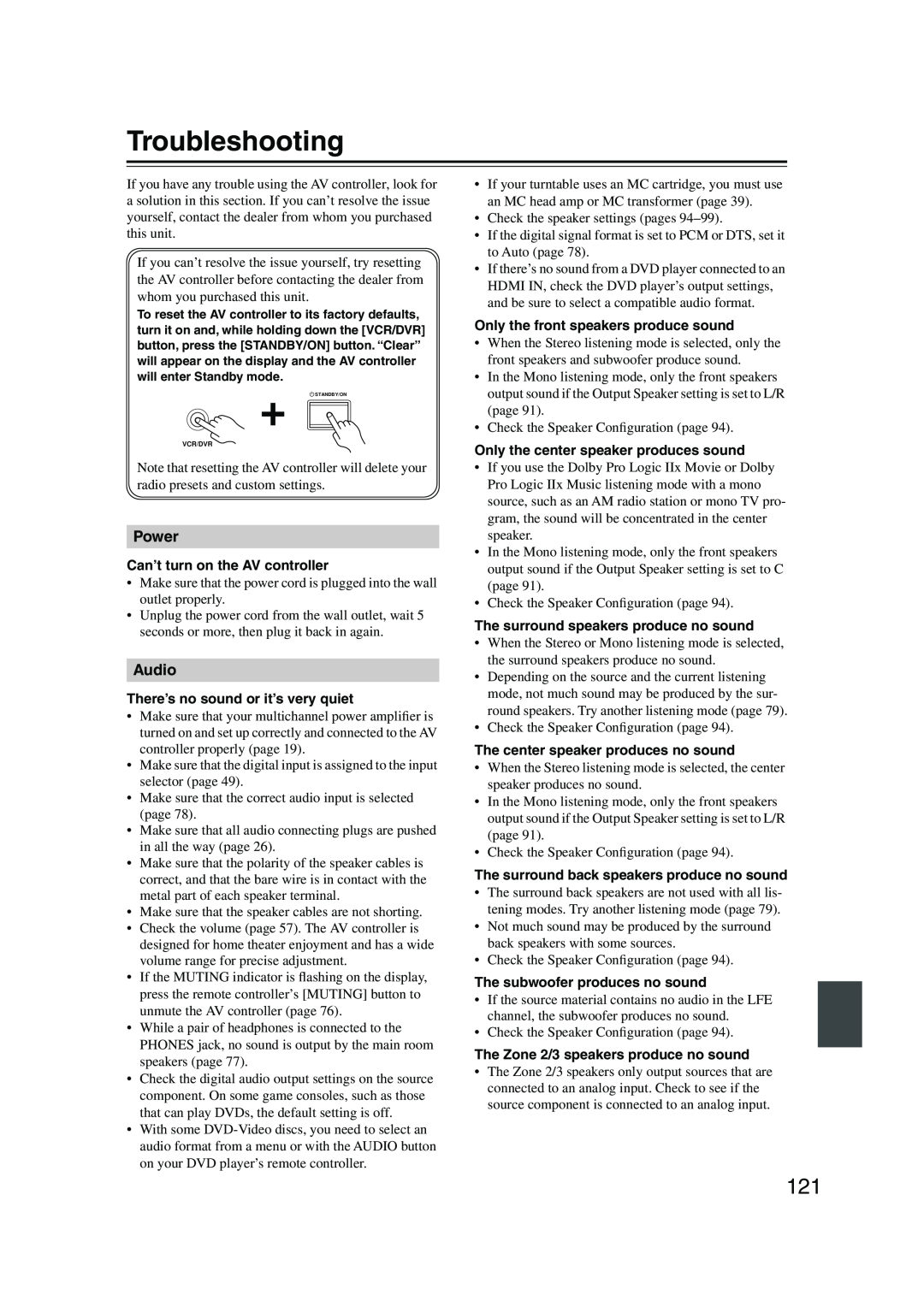 Onkyo PR-SC885 instruction manual Troubleshooting, Power, Audio 