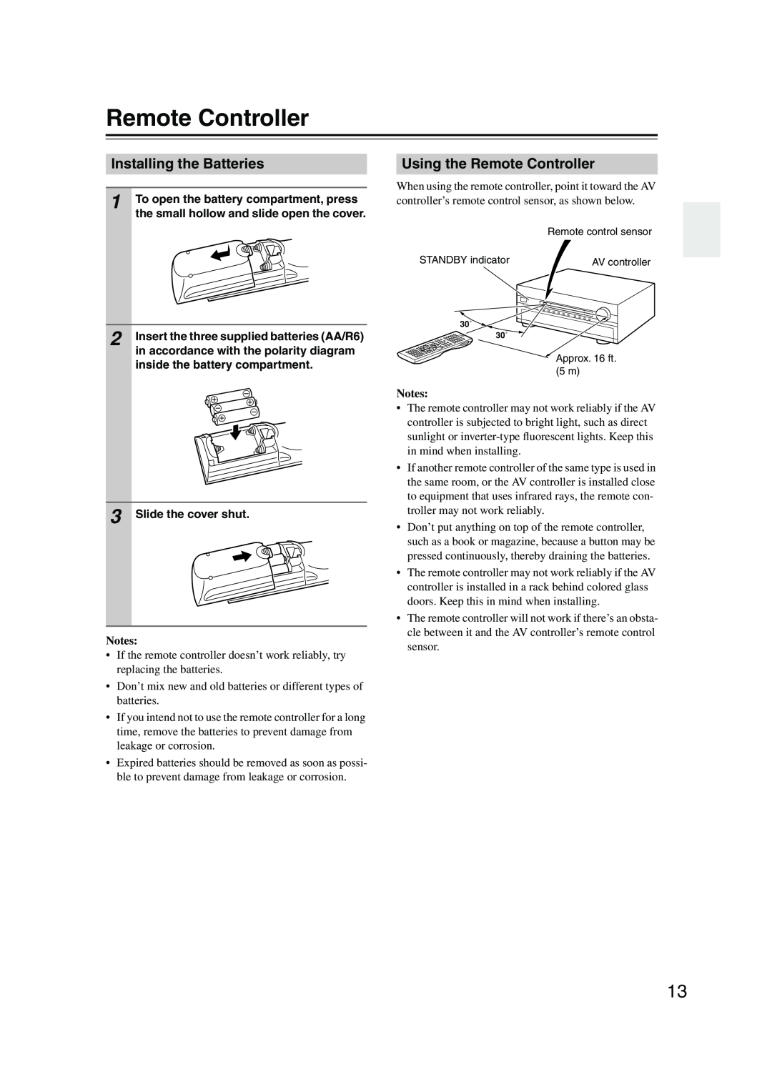 Onkyo PR-SC885 instruction manual Installing the Batteries, Using the Remote Controller, Notes 