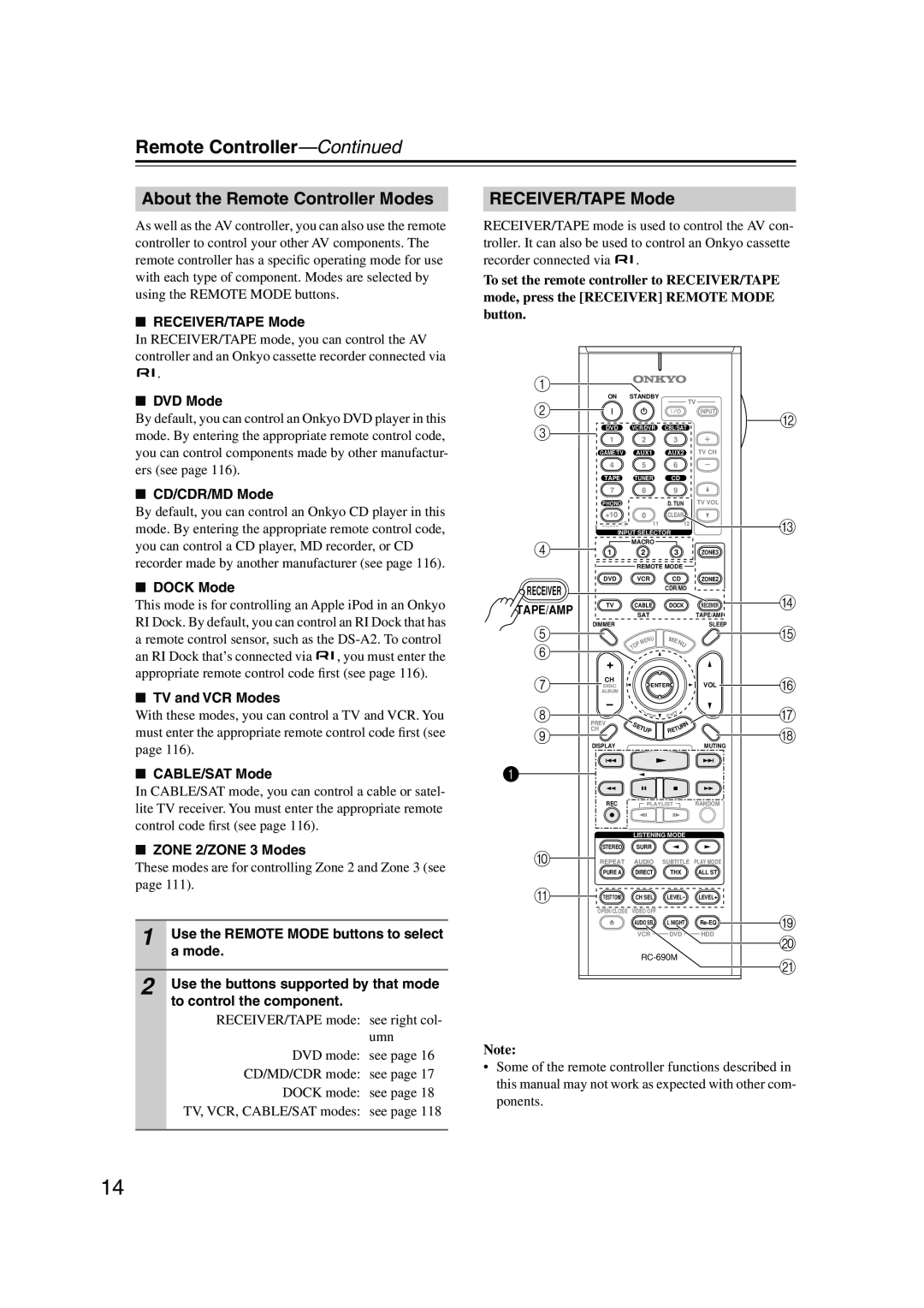 Onkyo PR-SC885 instruction manual Remote Controller—Continued, About the Remote Controller Modes, RECEIVER/TAPE Mode 