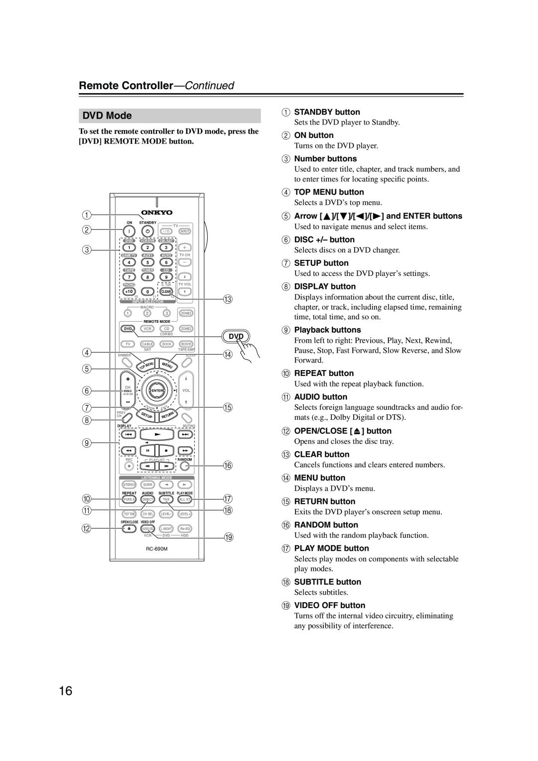 Onkyo PR-SC885 instruction manual DVD Mode, Remote Controller—Continued 