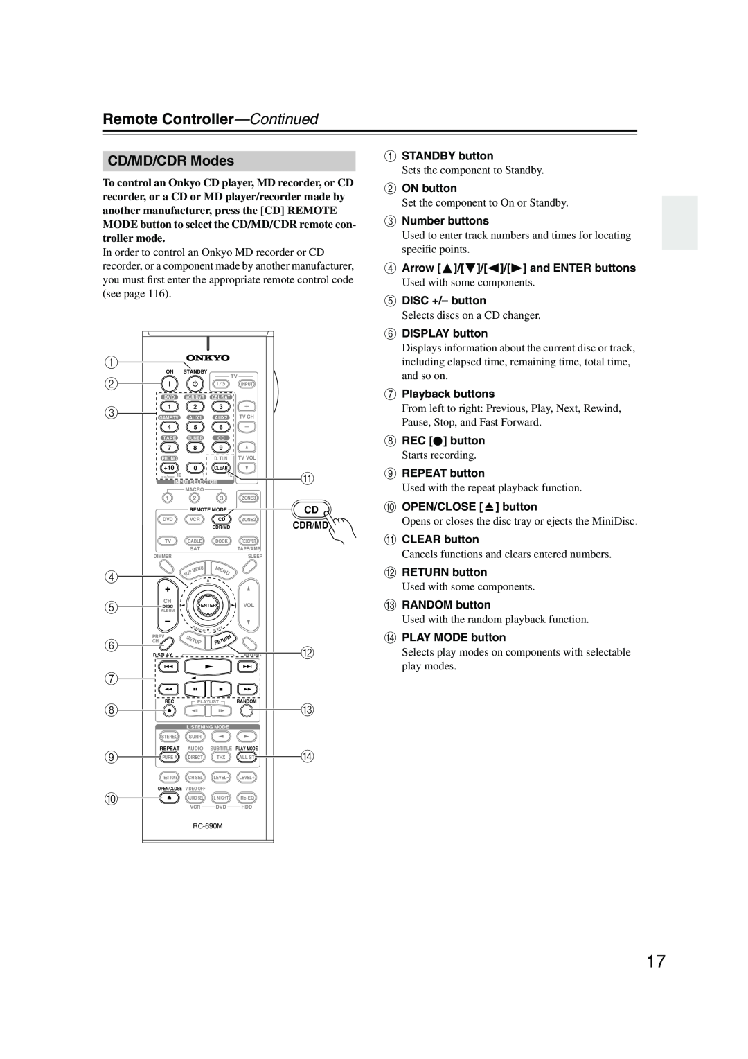 Onkyo PR-SC885 instruction manual CD/MD/CDR Modes, Remote Controller—Continued 
