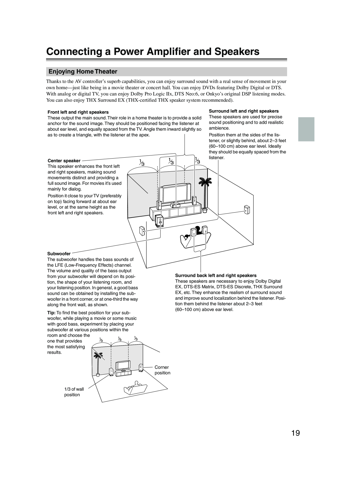 Onkyo PR-SC885 instruction manual Connecting a Power Ampliﬁer and Speakers, Enjoying Home Theater 
