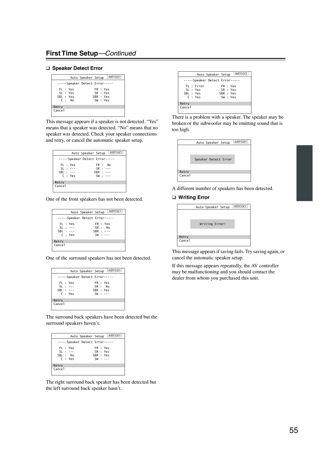 Onkyo PR-SC885 instruction manual First Time Setup—Continued, Speaker Detect Error, Writing Error 
