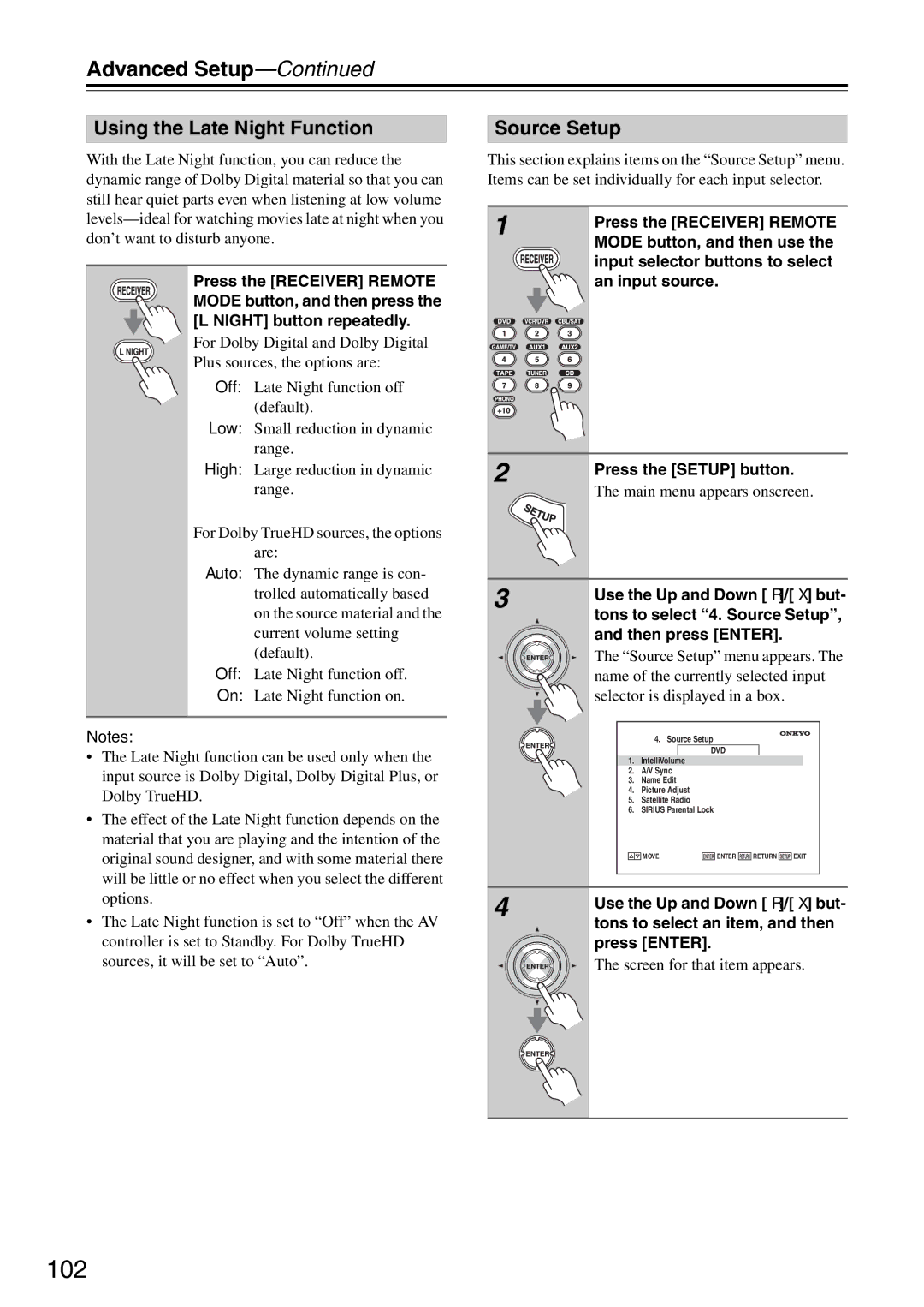 Onkyo PR-SC886 instruction manual 102, Using the Late Night Function, Source Setup 