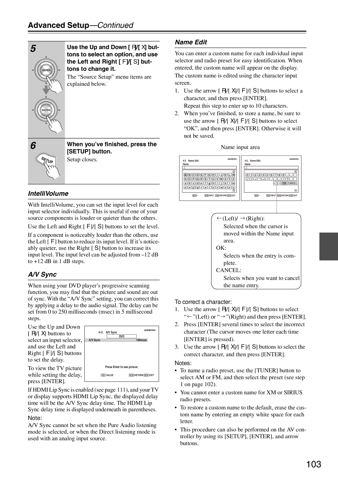 Onkyo PR-SC886 instruction manual 103, Name Edit, IntelliVolume, Sync, To correct a character 