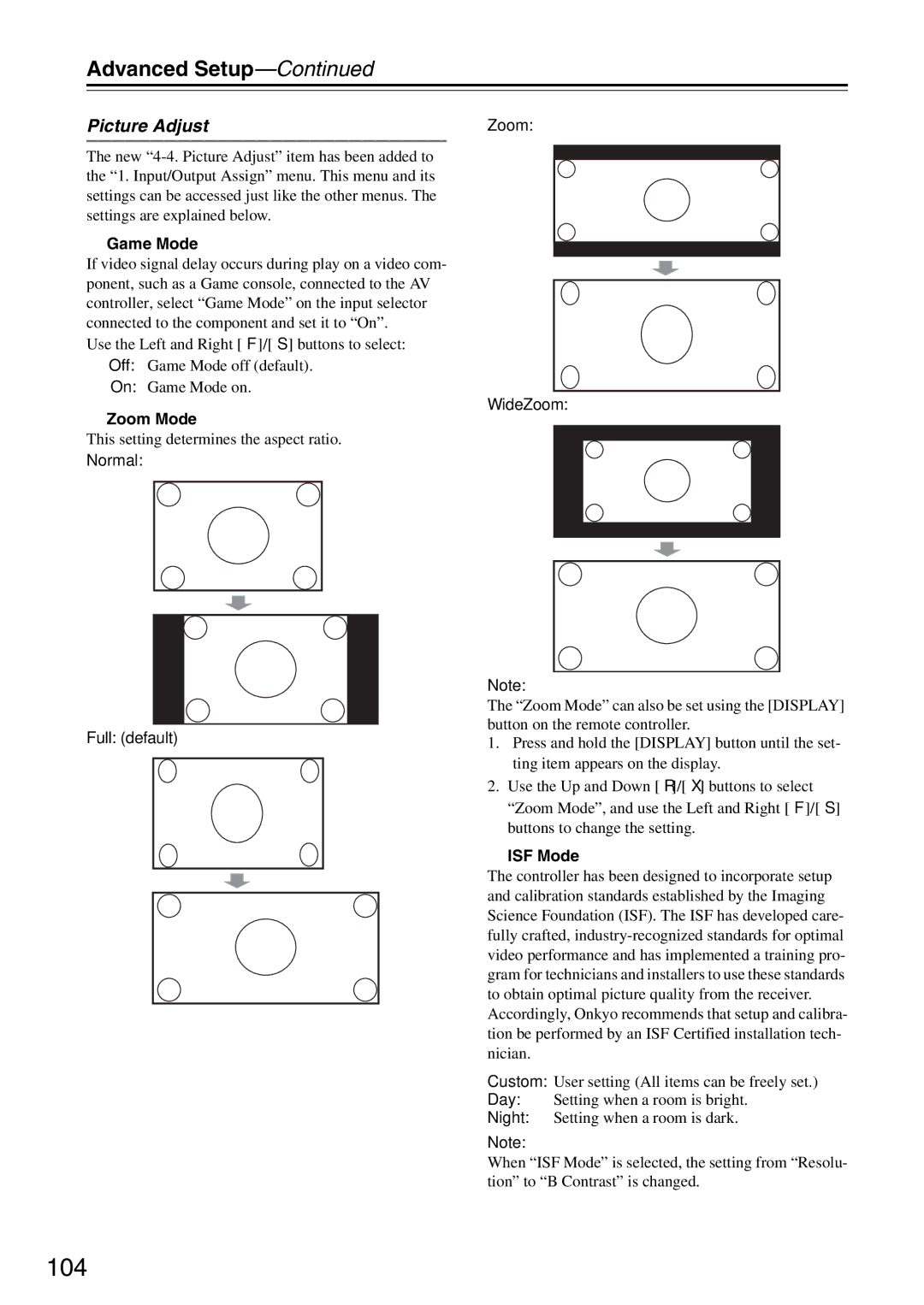 Onkyo PR-SC886 instruction manual 104, Picture Adjust, Game Mode, Zoom Mode, ISF Mode 