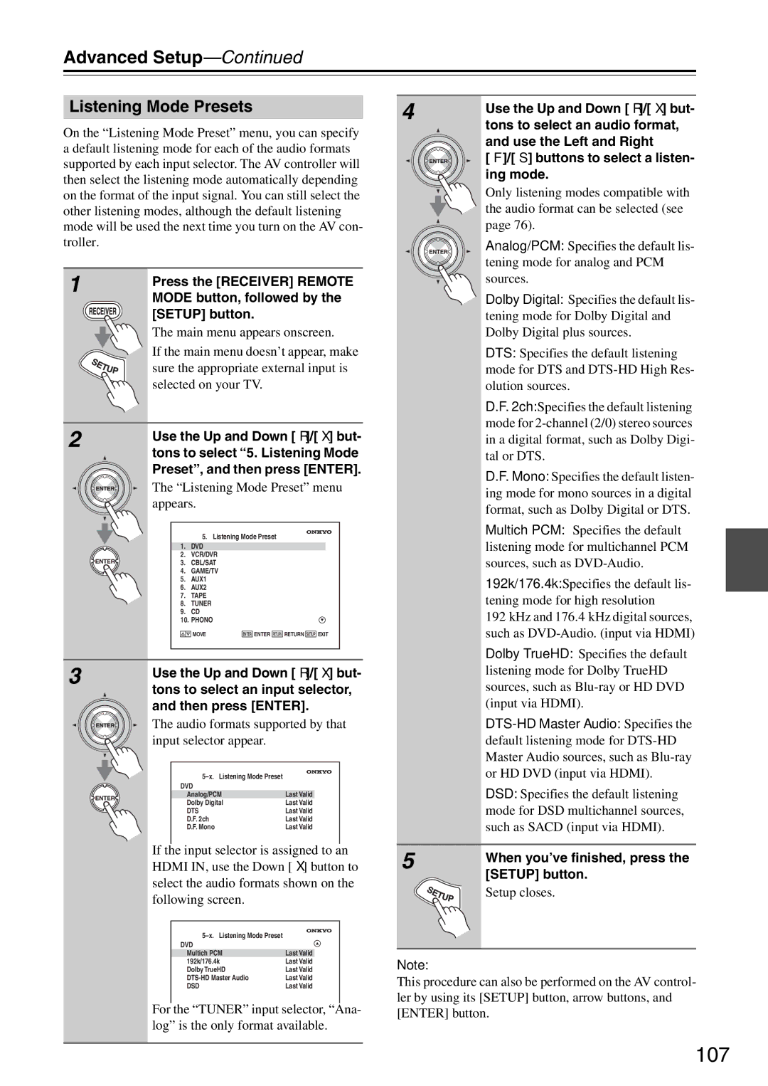 Onkyo PR-SC886 instruction manual 107, Listening Mode Presets 