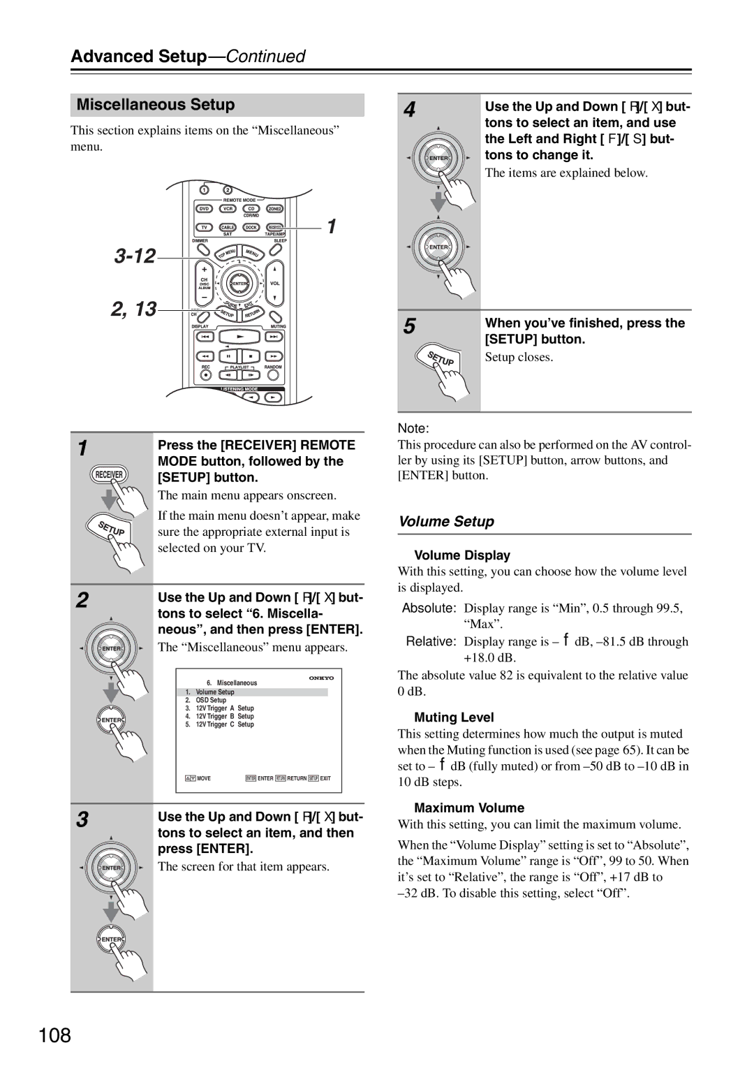 Onkyo PR-SC886 instruction manual 108, Miscellaneous Setup, Volume Setup 