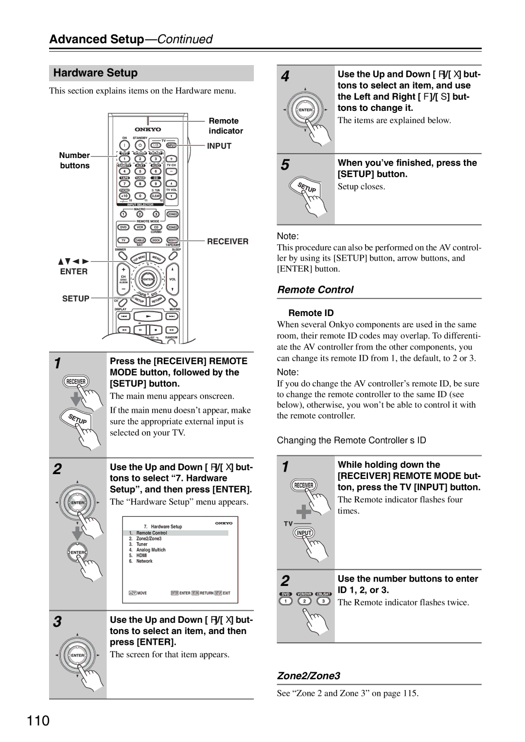 Onkyo PR-SC886 instruction manual 110, Hardware Setup, Remote Control, Zone2/Zone3 