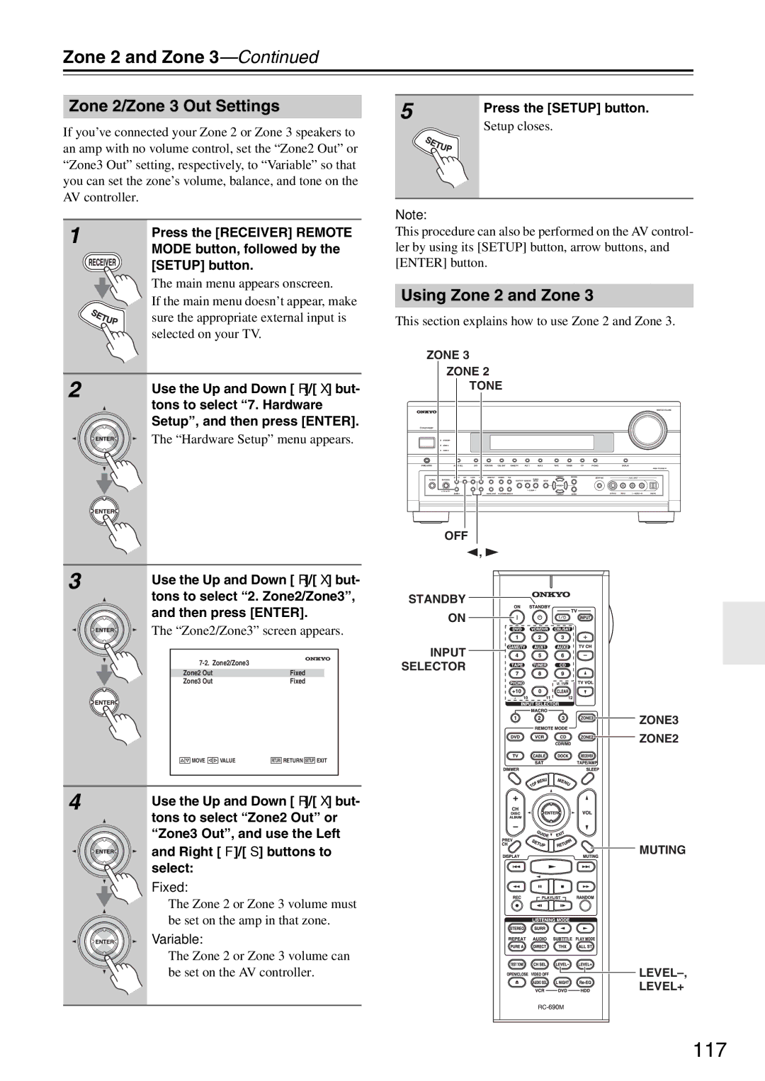 Onkyo PR-SC886 instruction manual 117, Zone 2/Zone 3 Out Settings, Using Zone 2 and Zone 