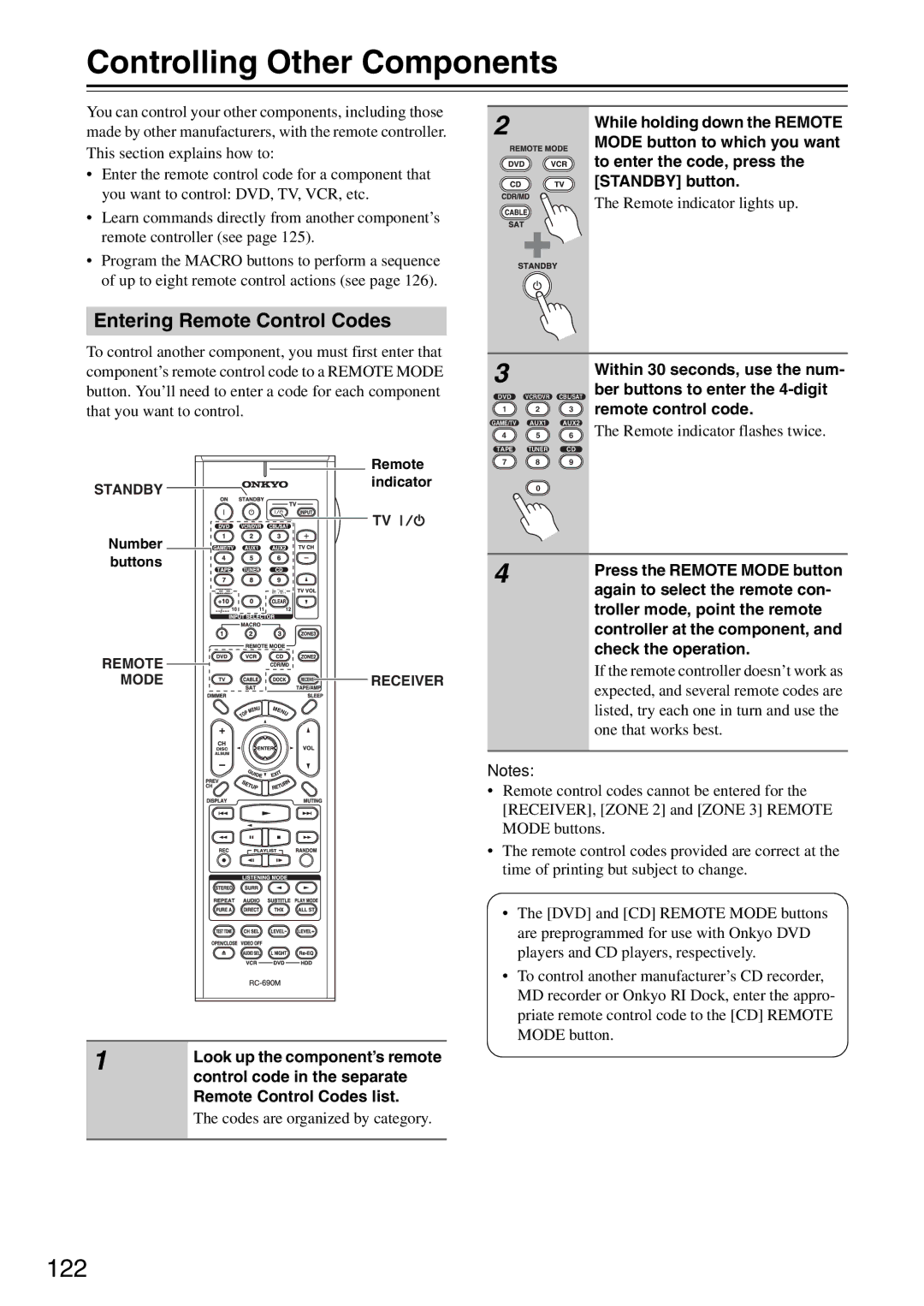 Onkyo PR-SC886 instruction manual Controlling Other Components, 122, Entering Remote Control Codes 