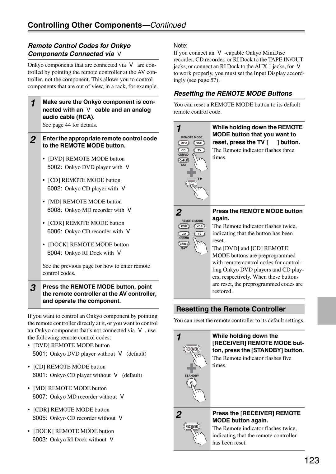 Onkyo PR-SC886 123, Controlling Other Components, Resetting the Remote Controller, Resetting the Remote Mode Buttons 