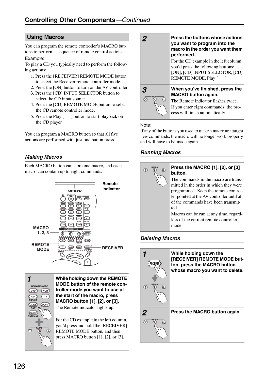 Onkyo PR-SC886 instruction manual 126, Using Macros, Making Macros, Running Macros, Deleting Macros 