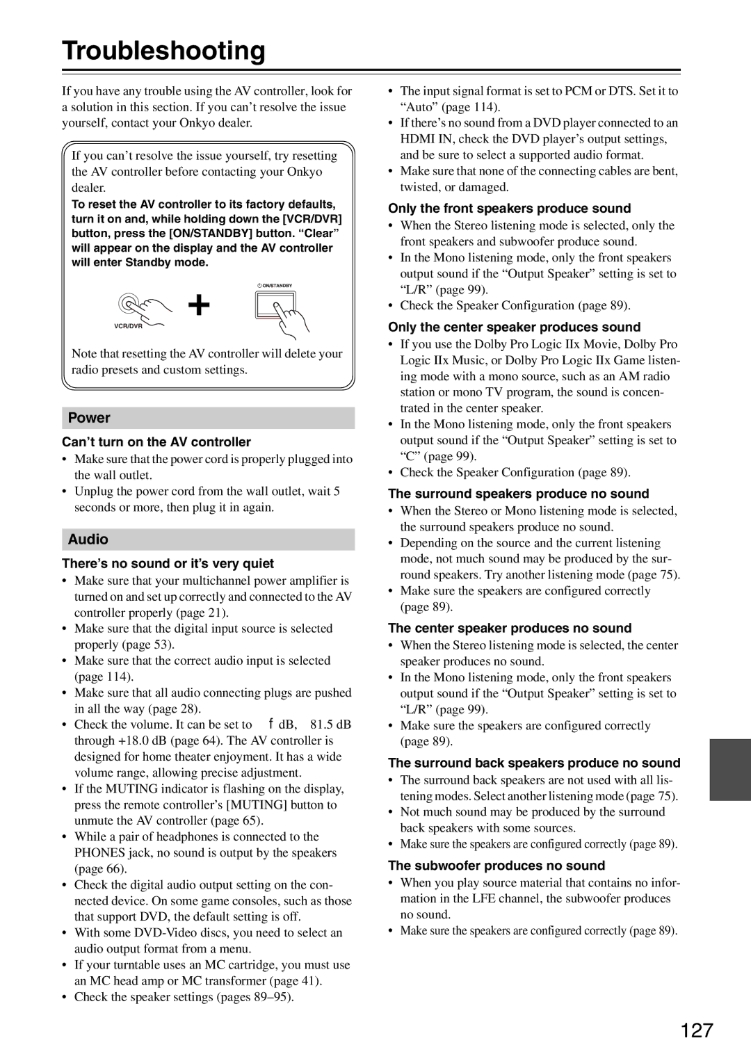 Onkyo PR-SC886 instruction manual Troubleshooting, 127 