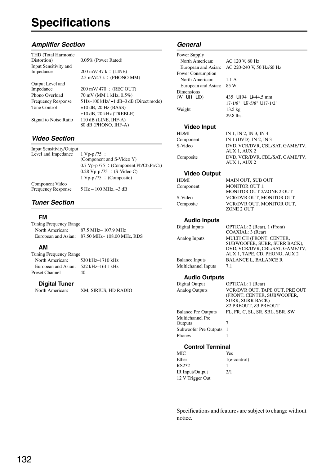 Onkyo PR-SC886 instruction manual Specifications, 132 