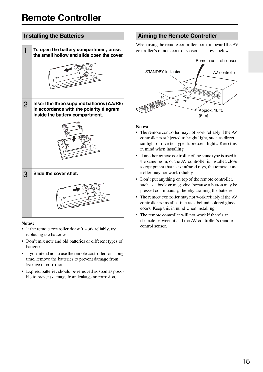 Onkyo PR-SC886 instruction manual Installing the Batteries, Aiming the Remote Controller 