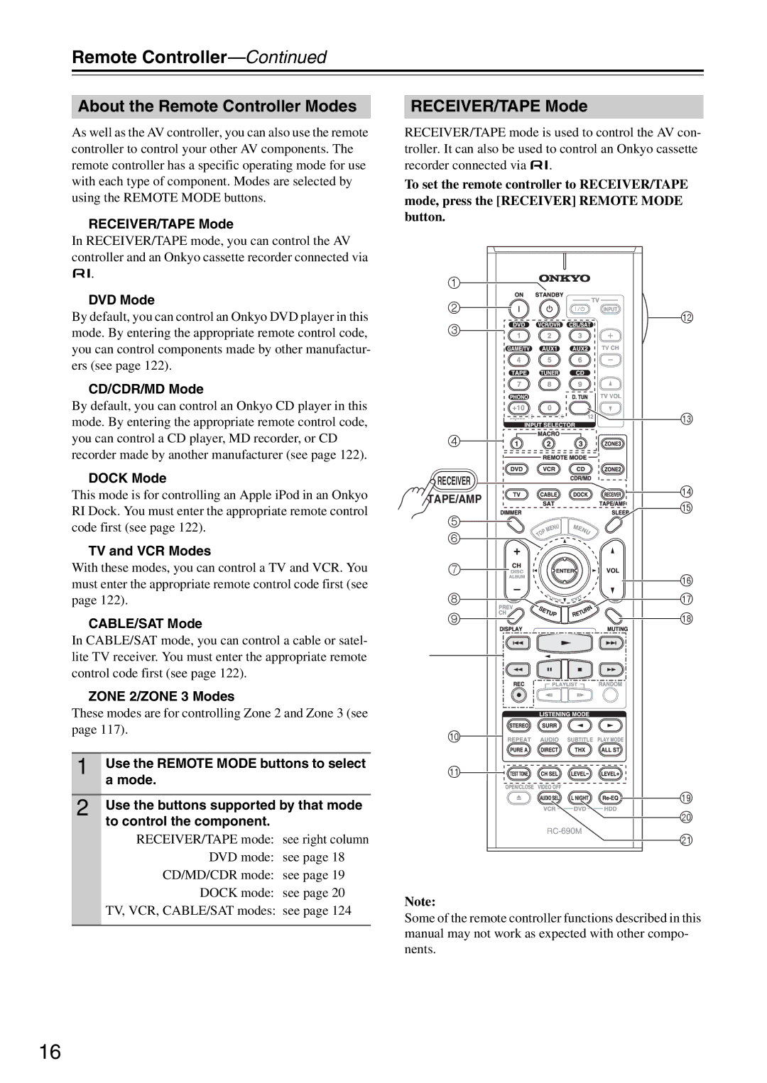 Onkyo PR-SC886 instruction manual About the Remote Controller Modes, RECEIVER/TAPE Mode 