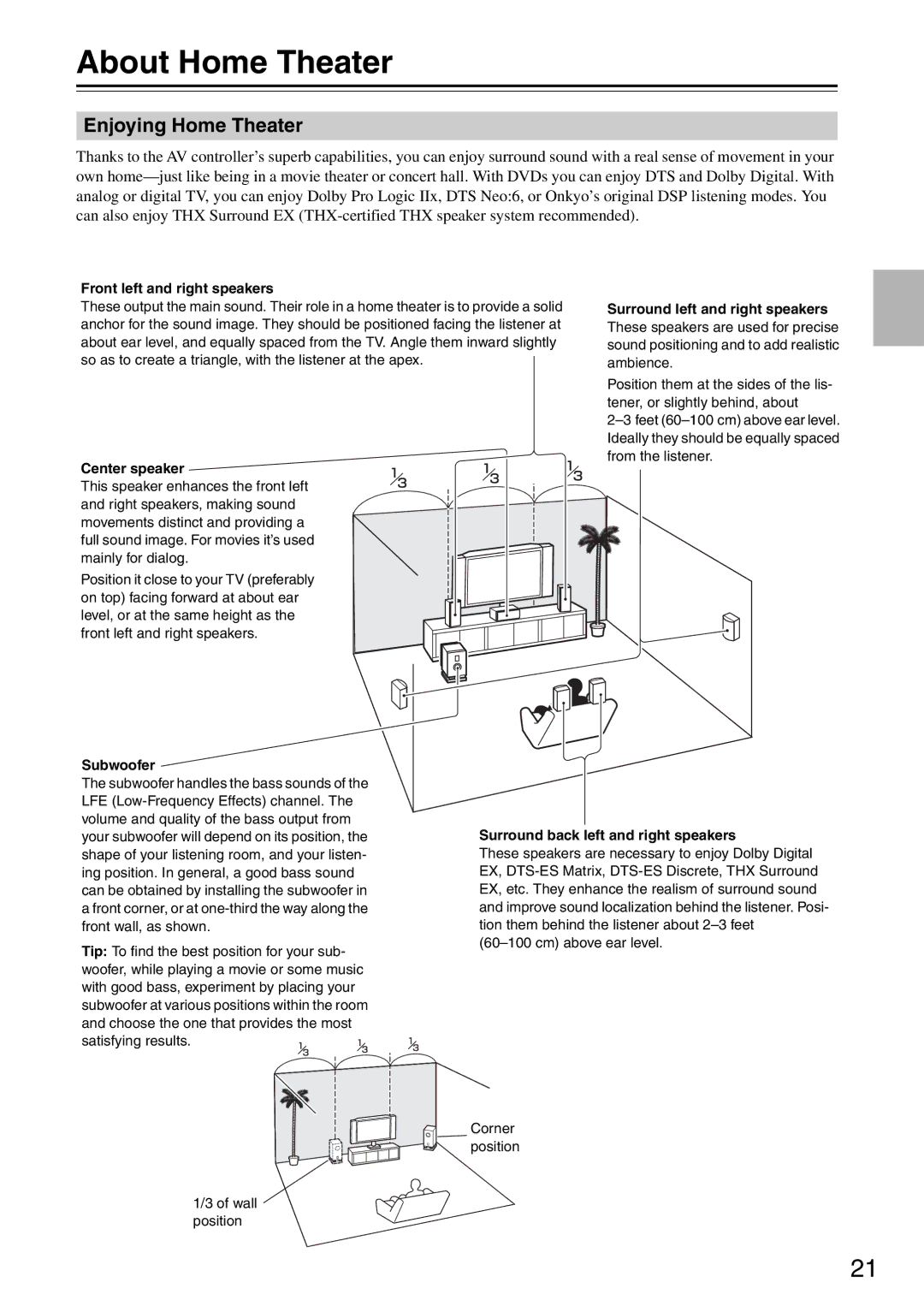 Onkyo PR-SC886 instruction manual About Home Theater, Enjoying Home Theater, Front left and right speakers 